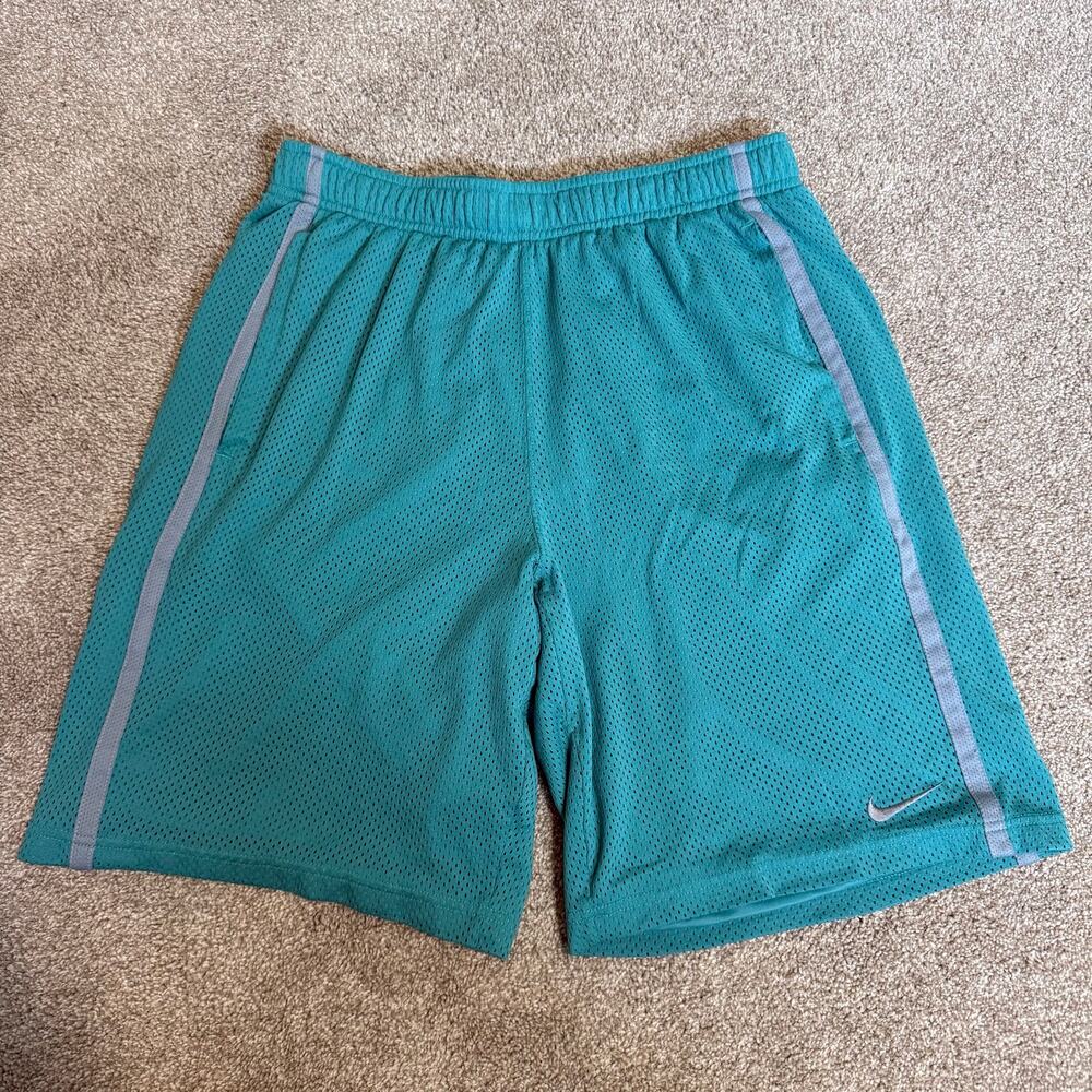 Nike Men’s Medium Teal Blue Mesh Basketball Shorts Swoosh Drawstring Athletic